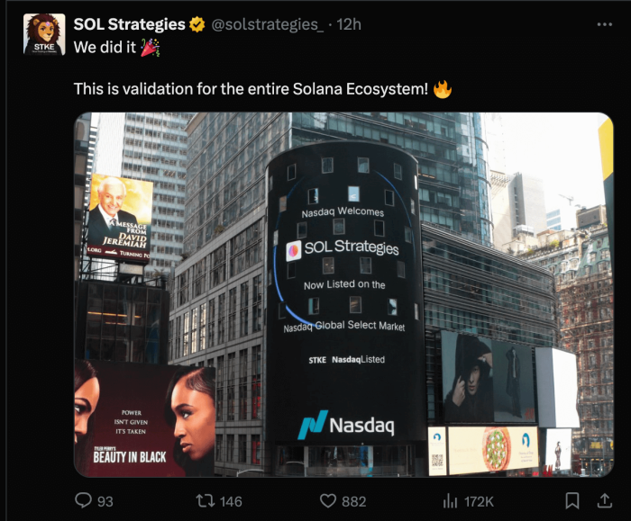 SOL Strategies announces Nasdaq listing.