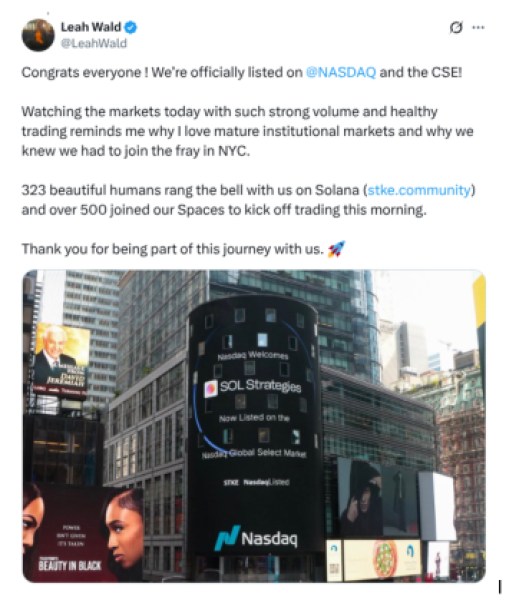 SOL Strategies listing post from CEO Leah Wald on X.