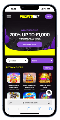 The ProntoBet homepage on mobile.