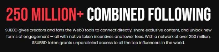 SUBBD's combined following exceeds 250M, as per the presale website.