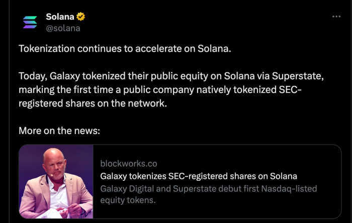 Solana announces Galaxy tokenization.