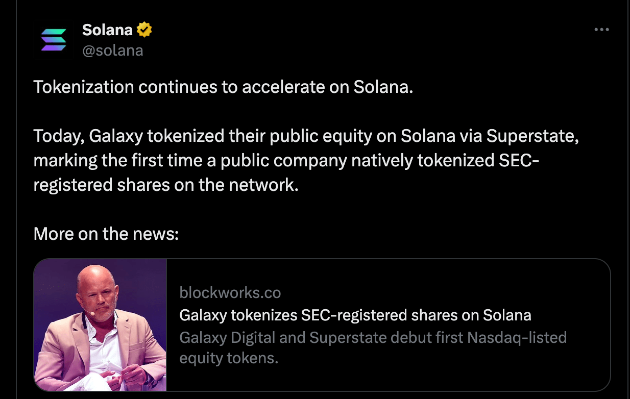 Solana kündigt Galaxy -Tokenisierung an.