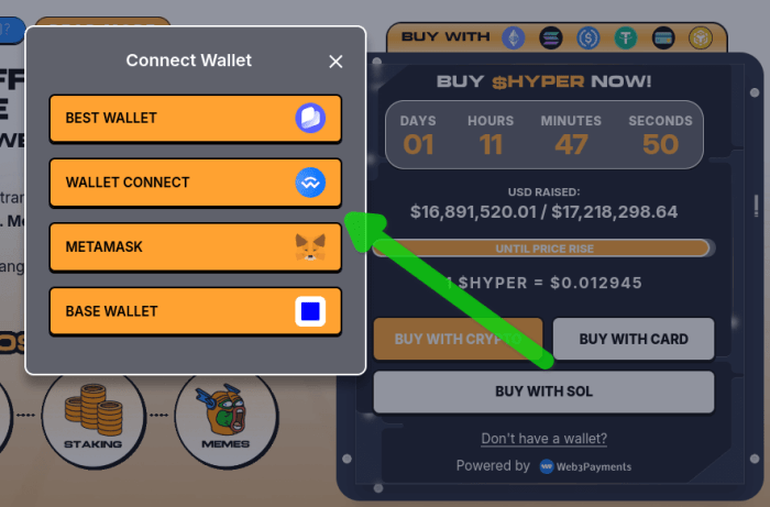 Supported wallet options for the Hyper presale.