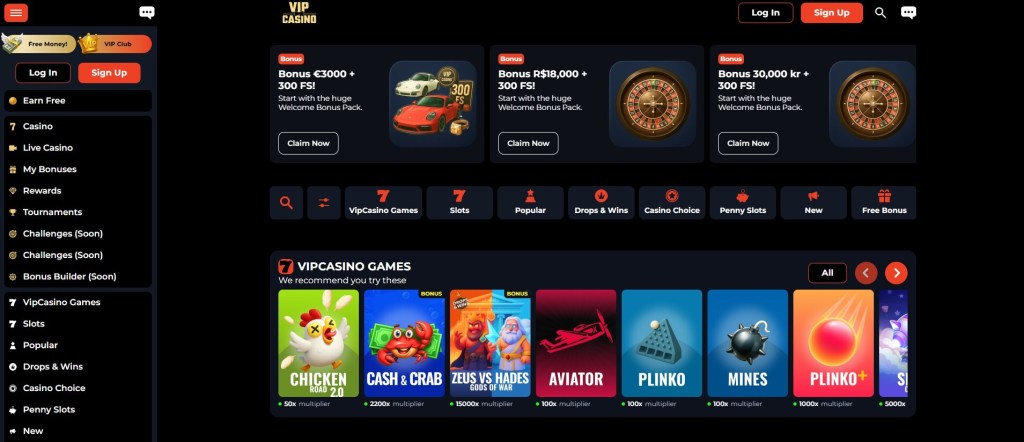 7. Vipcasino – High Roller Rewards and Flexibility