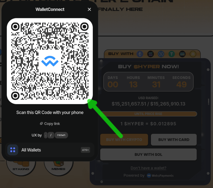 Wallet connecting widget on the Bitcoin Hyper site.