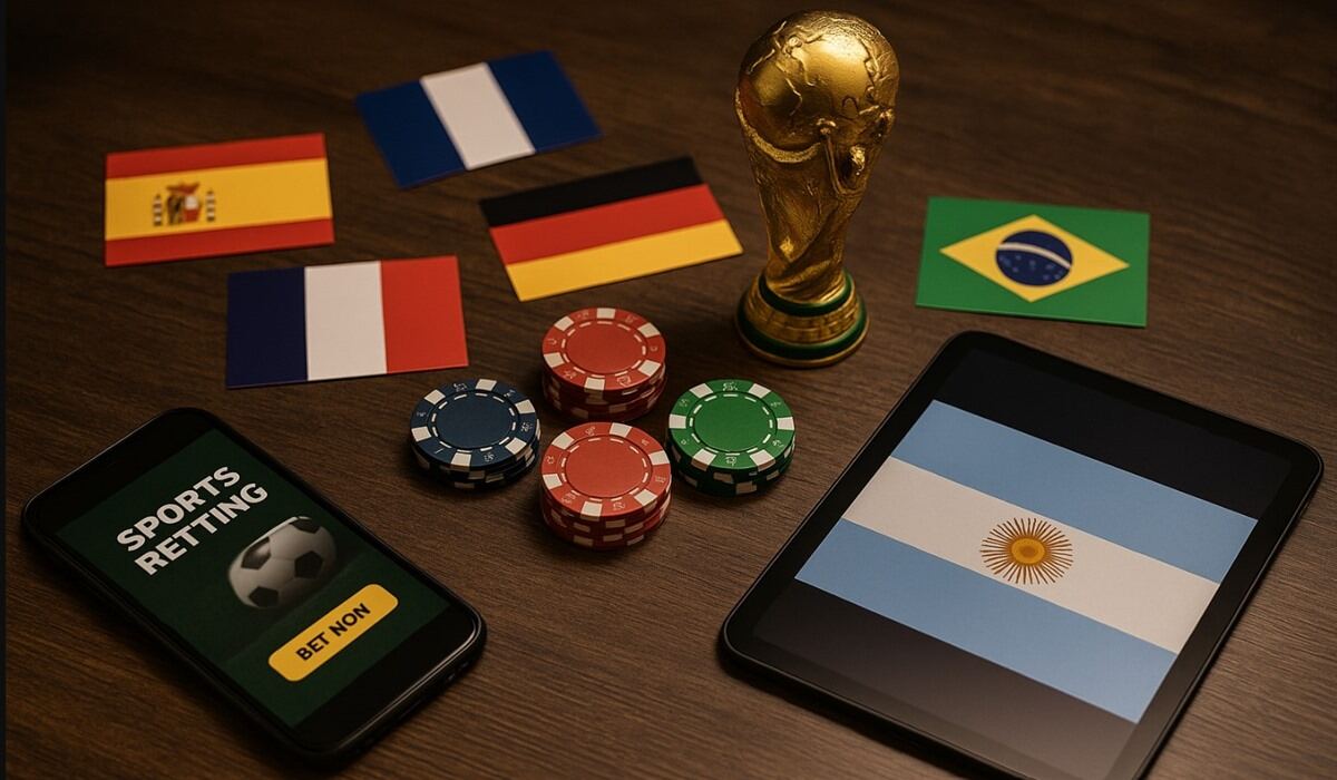 image of national flags and World Cup trophy next to betting chips and mobile devices