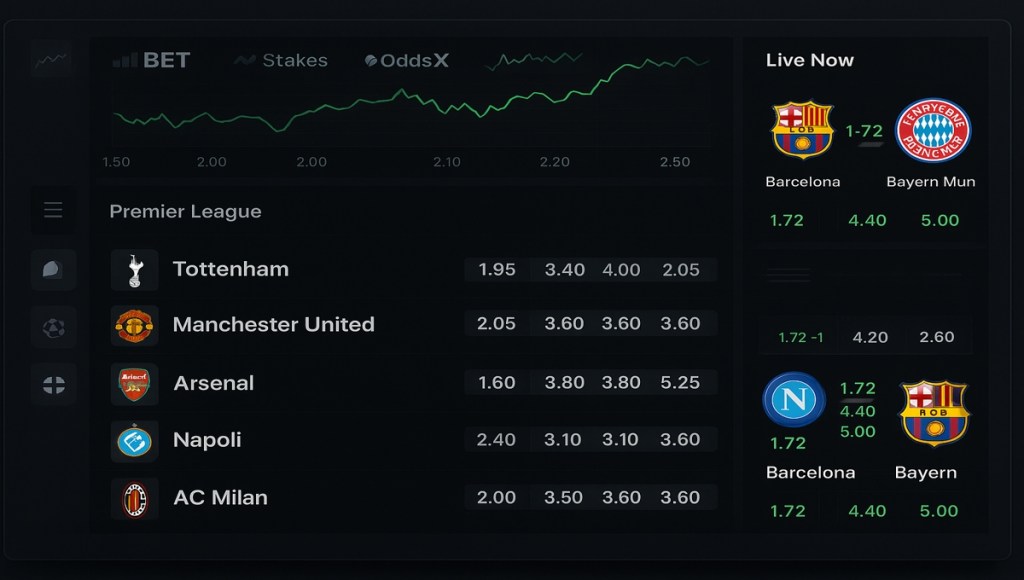 image of a betting dashboard comparing odds from international football betting platforms