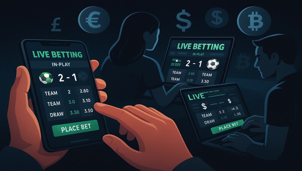 image of international bettors placing live football bets with multiple currency options