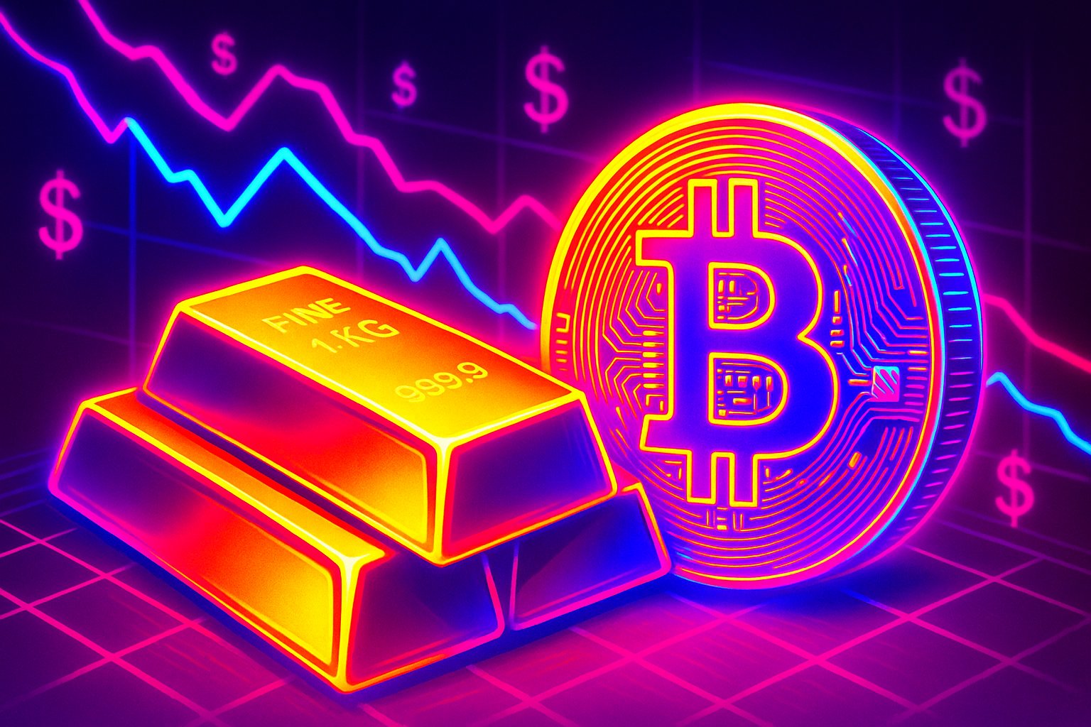 Fotorealistisches Bild mit Goldbarren und Bitcoin-Münze vor einem Finanzchart, Symbol für klassischen und digitalen Wertspeicher.
