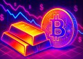 Fotorealistisches Bild mit Goldbarren und Bitcoin-Münze vor einem Finanzchart, Symbol für klassischen und digitalen Wertspeicher.