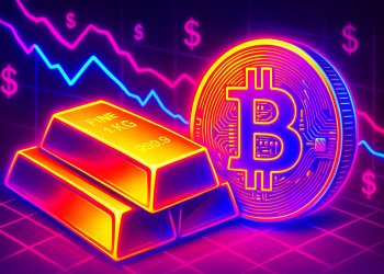 Fotorealistisches Bild mit Goldbarren und Bitcoin-Münze vor einem Finanzchart, Symbol für klassischen und digitalen Wertspeicher.