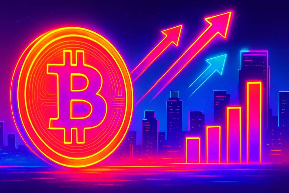 Neon Bild mit Bitcoin-Münze, Skyline und Symbolen für Wachstum.
