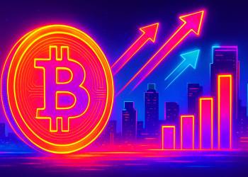 Neon Bild mit Bitcoin-Münze, Skyline und Symbolen für Wachstum.