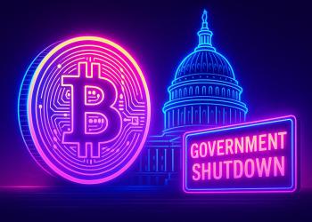 Bitcoin-Münze vor dem US-Kapitol mit rotem Shutdown-Warnschild.