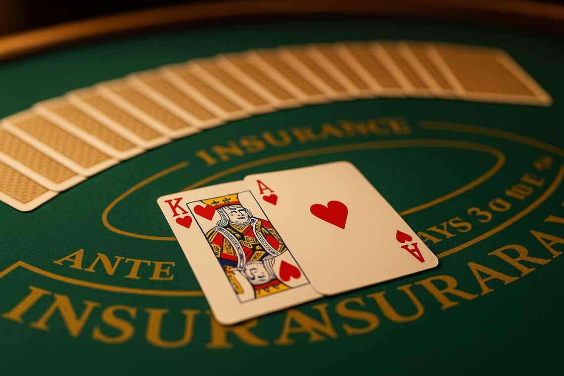 KとAの手札の後ろに裏向きのカードが円を描くように並べられているBJのテーブルの様子|カウンティング解説のホーム画面