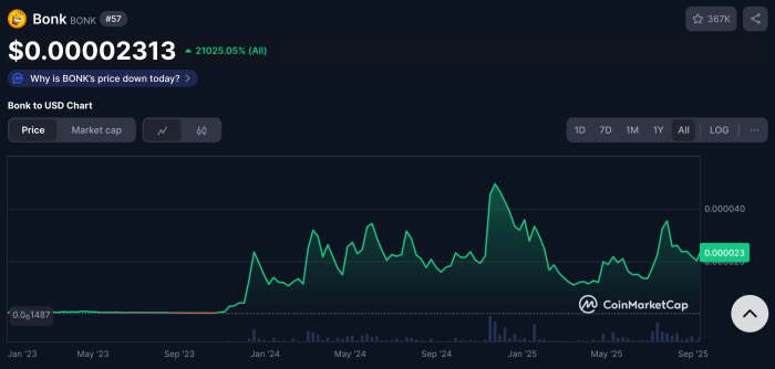Bonk's all time history on CoinMarketCap.