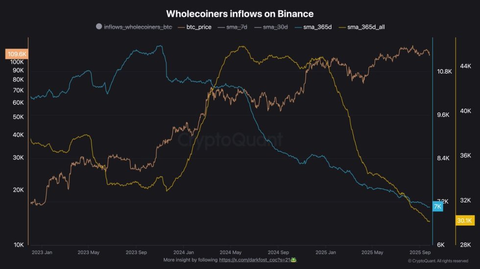 Bitcoin Wholecoiners Inflows on Binance | Source: Darkfost