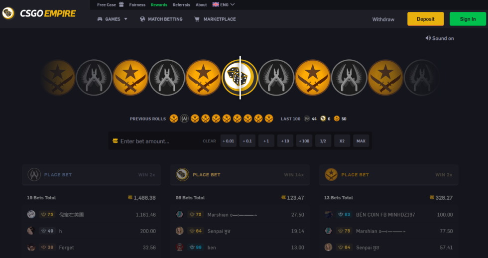 3. CSGOEmpire – Regulētas CSGO likmes ar pierādītu godīgumu