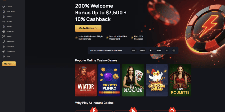 1. Instant Casino – kazino internete, kuris siūlo greitas išmokas ir dosnius bonusus