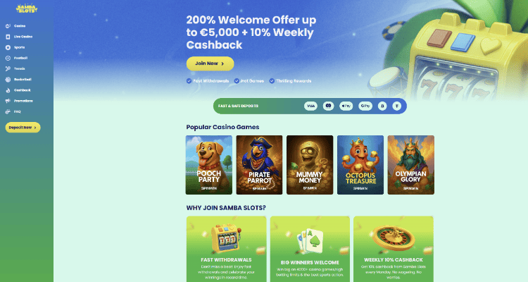 3. SambaSlots – casino online su spalvinga žaidimų įvairove ir dosniais bonusais