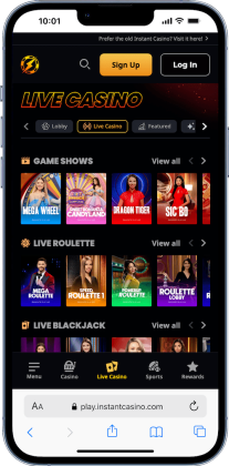 mobile screenshot of the live casino lobby at Instant Casino best XRP casino AU