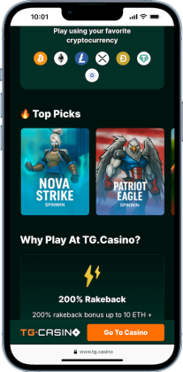 mobile screenshot of the TG.Casino Australia home page