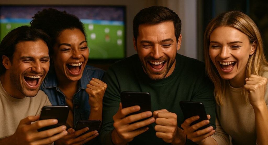 image of a group of friends watching the World Cup and celebrating a winning bet on their phones