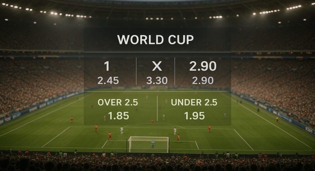 image of a packed stadium during a World Cup match, with digital betting odds overlaid on screen
