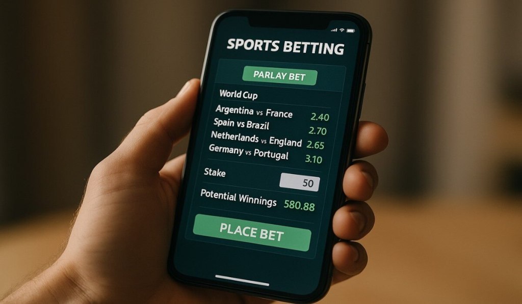 image of a sports betting app showing a parlay bet slip with multiple World Cup matches