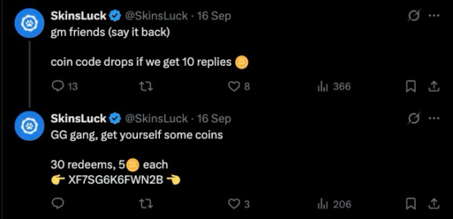 SkinsLuck promo code posted on X.