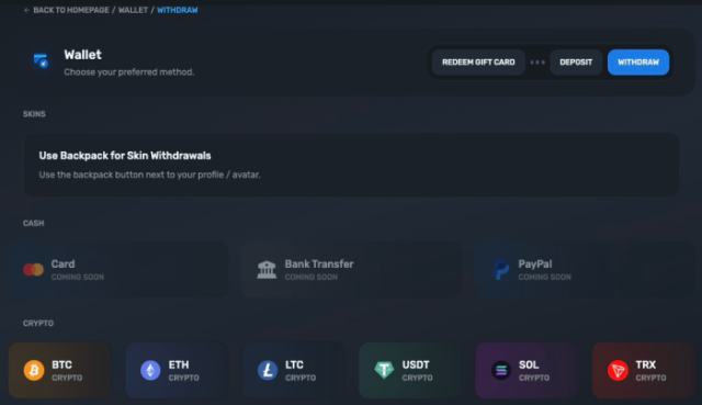 Withdrawal options on SkinsLuck.