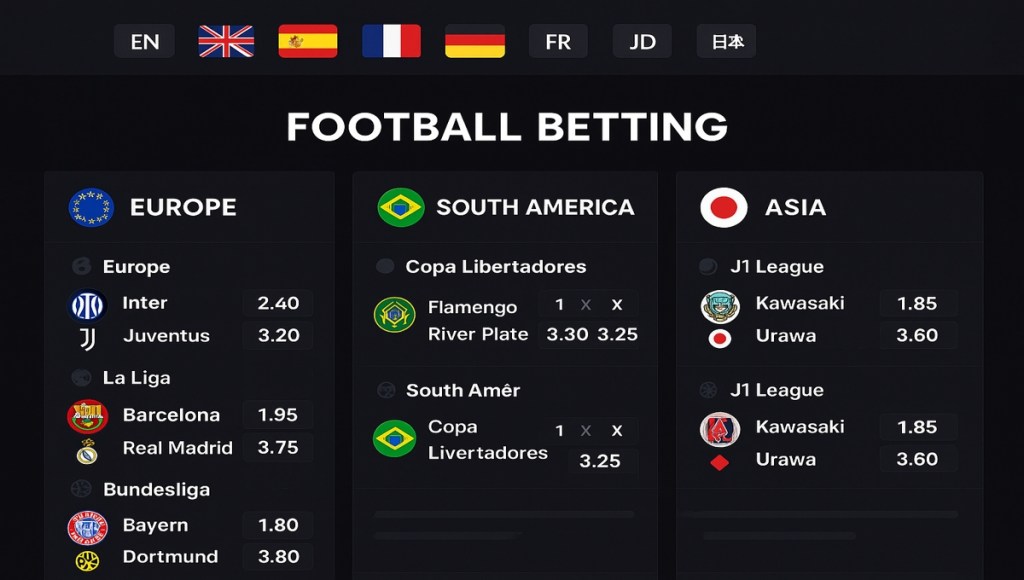 image of a multi-language football betting site showing odds for leagues across Europe, South America, and Asia
