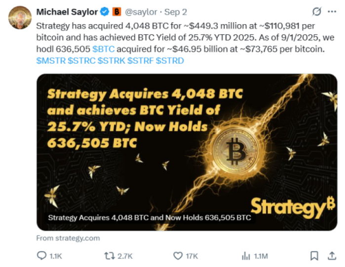 companies-buy-1m-btc-best-crypto-presales-thrive Strategy announces its $BTC returns on X.