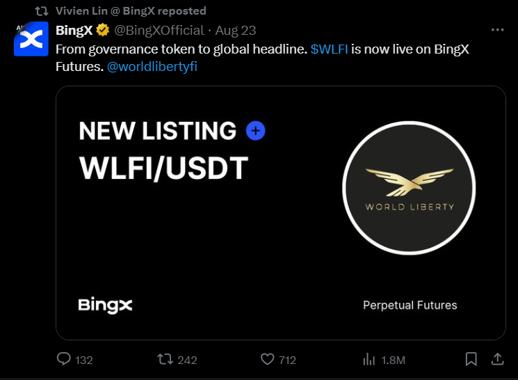 Newly listed $WLFI on BingX.