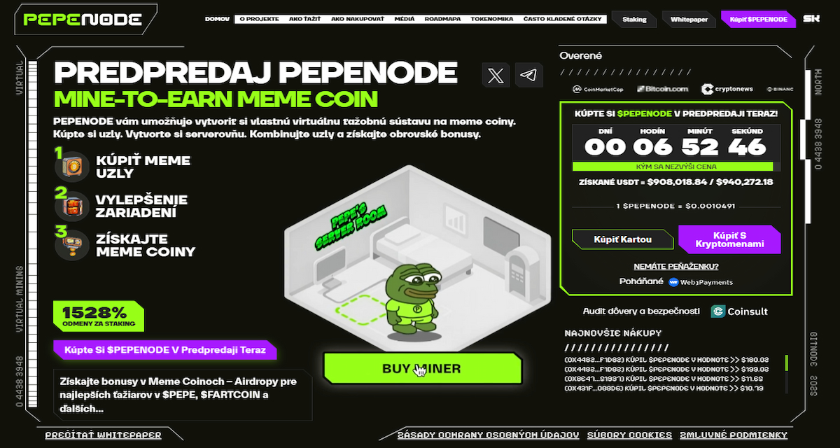 Pepenode Gamifikovaný „mine-to-earn“ memecoin na Ethereu