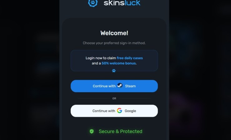Puedes registrarte en Skinsluck mediante Steam o Google para hacer apuestas CSGO