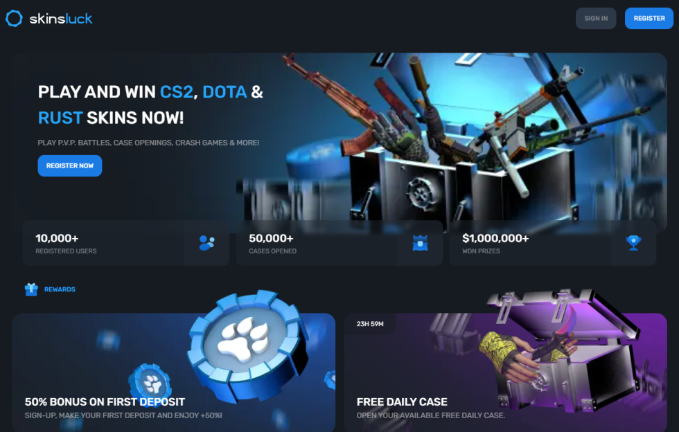 1. SkinsLuck – labākā vietne CSGO derībām ar kriptovalūtu un tūlītējām izmaksām