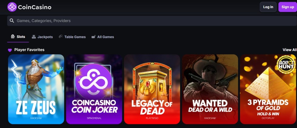 Tela do CoinCasino com catálogo de slots 