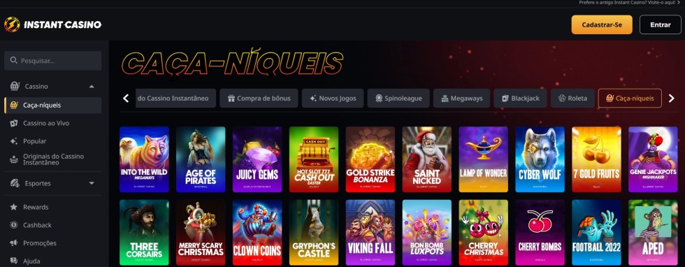 Tela do Instant Casino com banner promocional e catálogo de slots