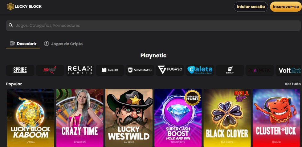 Tela do Lucky Block com banner promocional e catálogo de slots