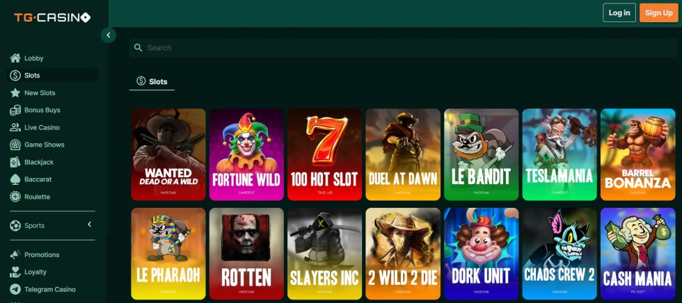 Tela do TG Casino na aba Slots