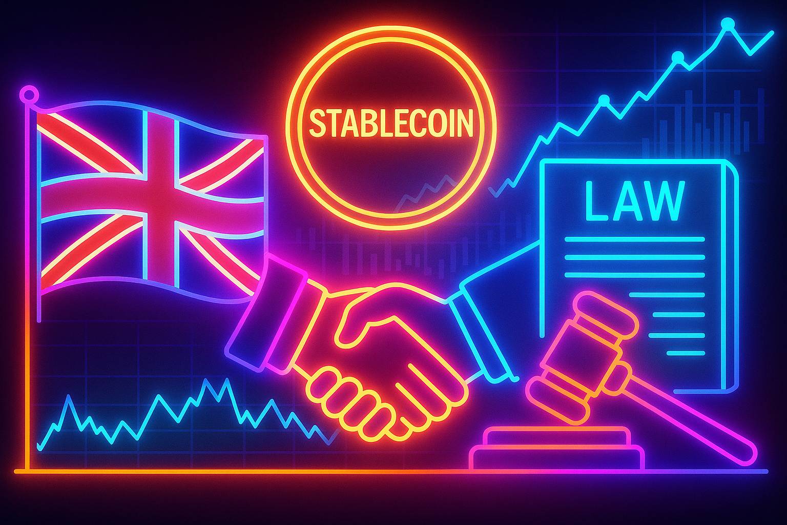 Fotorealistisches Bild mit Handschlag, US- und UK-Flaggen, goldene Stablecoin-Münze – Symbol für transatlantisches Krypto-Abkommen.