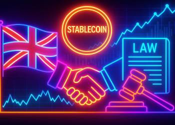 Fotorealistisches Bild mit Handschlag, US- und UK-Flaggen, goldene Stablecoin-Münze – Symbol für transatlantisches Krypto-Abkommen.