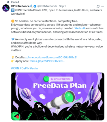 XPIN Network announced its free data plan on X.