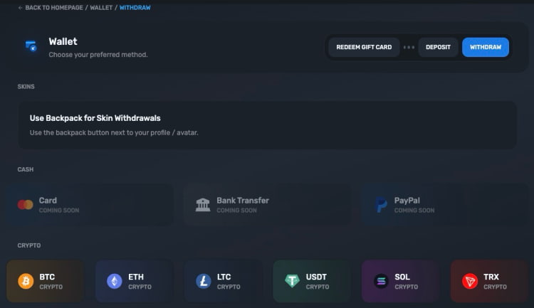 การถอนเงินบน SkinsLuck