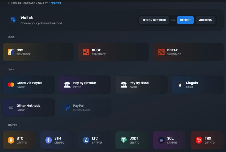 การฝากและถอนเงินบน SkinsLuck
