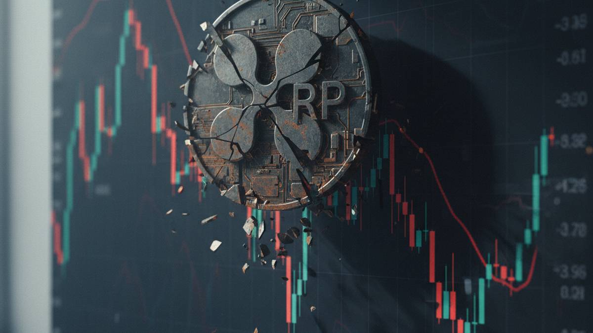 โลโก้เหรียญ Ripple (XRP) ที่กำลังแตกร้าว โดยมีกราฟราคาหุ้นสีแดงดิ่งลงเป็นพื้นหลัง สื่อถึงวิกฤตของ XRP ETF