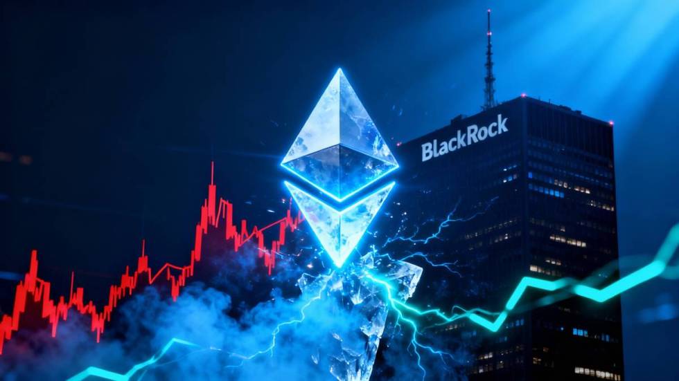 ภาพกราฟิกแสดงโลโก้ Ethereum (ETH) ที่กำลังเผชิญกับแรงกดดันจากกราฟราคาขาลง โดยมีเงินทุนจาก BlackRock ไหลเข้าเป็นฉากหลัง
