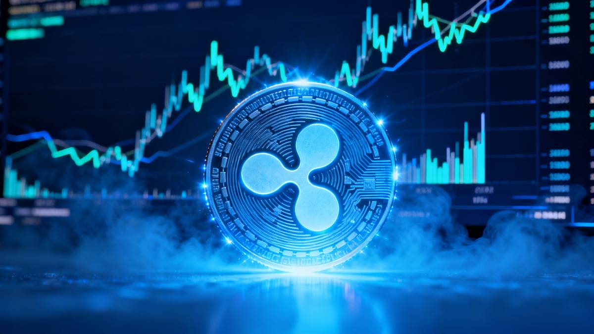 ภาพสัญลักษณ์เหรียญ XRP ที่ส่องสว่างท่ามกลางกราฟราคาที่ผันผวน สะท้อนข่าวการเดิมพันของ Bill Morgan