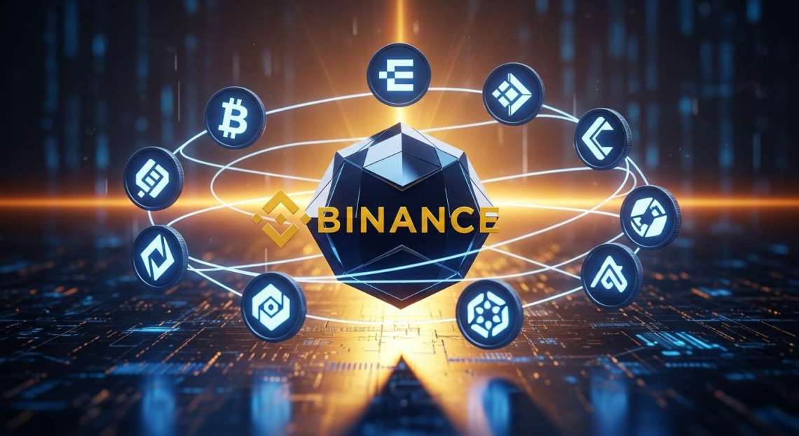 ภาพเหรียญดิจิทัล 10 เหรียญหมุนรอบโลโก้ Binance สื่อถึงโอกาสทองของ เหรียญใหม่ที่จะเข้า Binance สำหรับนักลงทุน